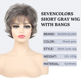 SEVENCOLORS Gray Wigs for Women Short Dark Grey Pixie Cut Wigs Natural Looking Synthetic Hair Wigs with Bangs Short Curly Mixed Silver Wigs for Older Lady