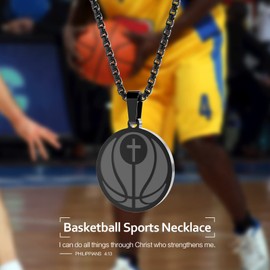 HOFOYA Sports Athletes Necklace with Inspiring Bible Quote from Phil 4:13 Black Basketball Pendant Necklace Christmas Jewelry Gift for Men Women Teens Boy Girls,Christ Baptist gifts.