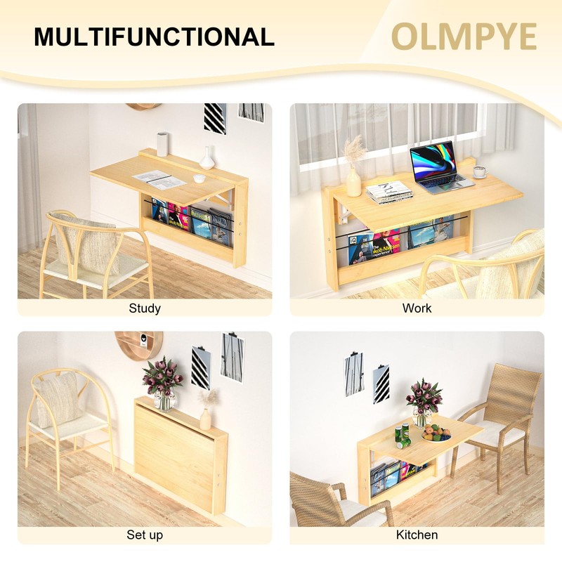 OLMPYE Wall Mounted Folding Table,Wooden Mounted Desk with Iron Bracket,Wall