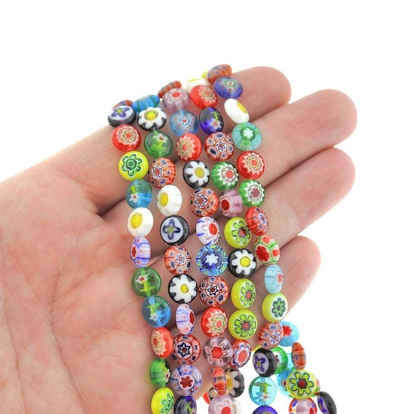 Flat Round Glass Beads 8mm x 4mm - Assorted Floral
