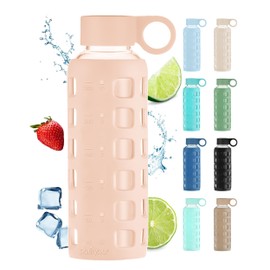 purifyou 40/32/22/12 oz Borosilicate Glass Water Bottles with Volume Markers, Silicone Sleeve, Stainless Steel Lid, Reusable Bottle for Water, Juice, Gym, and Fridge Storage (12oz Hazelnut)