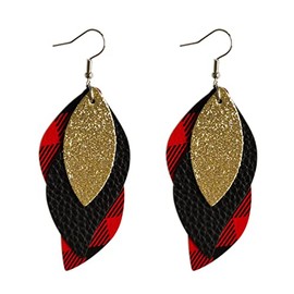 ROSTIVO Christmas Earrings for Women Buffalo Plaid Leather Earrings Triple Layered Dangle Earrings