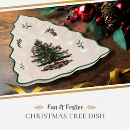 Portmeirion Christmas Tree Collection Tree Shaped Dish, 10Inch, Made of Porcelain, Serving Dishes, Christmas Tree Design, Green/Beige, Dishwasher and Microwave Safe