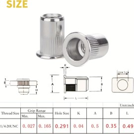 WISSXNA 60pcs Rivet Nuts 1/4-20 UNC Stainless Steel 304 Threaded Rivet Inserts Flat Head Rivnut for Automotive, Furniture, Decoration,Knurled Body (1/4''-20)