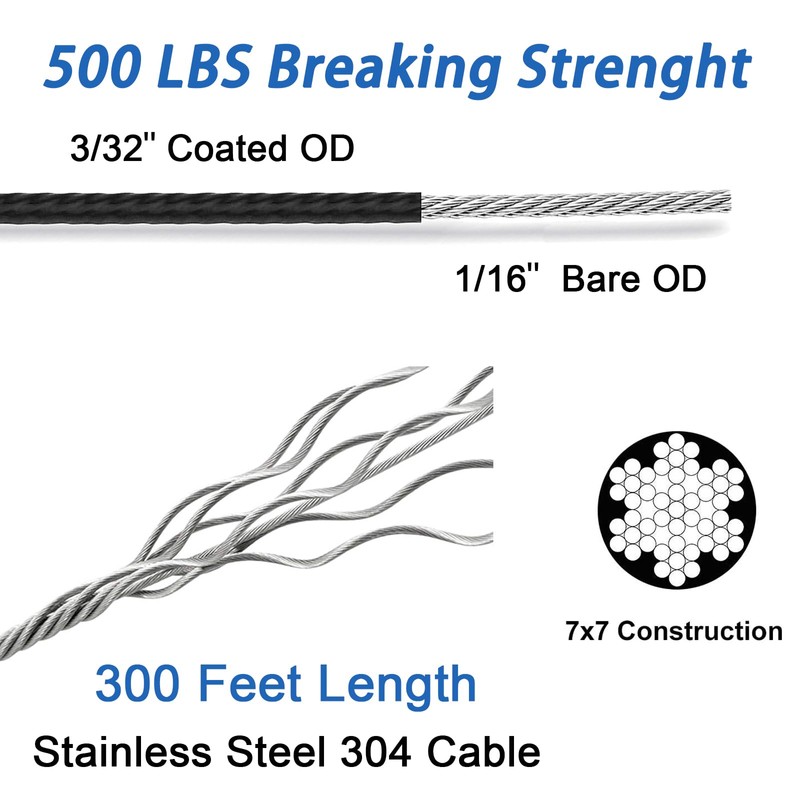 Toyeah 1/16" Wire Rope Kit with 300FT Vinyl Coated 304
