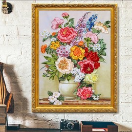Egoshop Needle Work Ribbon Embroidery Blooming Flowers Kit DIY Wall Decor Stamp Canvas 3D Painting Not Include Frame (Blooming Flowers)