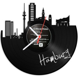 GRAVURZEILE Vinyl Record Clock, Skyline Hamburg, Wall Clock Made of Cast Vinyl with City Skyline, 30 cm, Upcycling Design Clock, Wall Decoration, Vintage Clock, Wall Decoration, Retro Clock, Made in