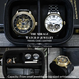 Leather Travel Watch Jewelry Case for Men – Watch Band, Cufflinks Storage Box for Travel - Obsidian Black Swiss-Motif Genuine Leather