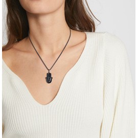 COAI Unisex long chain Hamsa hand pendant made of obsidian, Obsidian, Obsidian