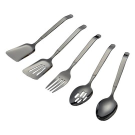 Juego de 5 utensilios de cocina de color negro, espátula ranurada, cuchara de servir, cuchara ranurada, tenedor, juego de herramientas de cocina