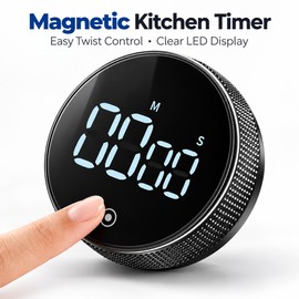 Magnetic Rotary Kitchen Timer – Battery-Free Count Up & Countdown Timer with Digital Display, 3 Volume Levels & 5-Second Adjustment, Black
