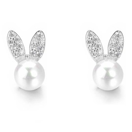 Cute CZ Pearl Rabbit Earrings for Women White Gold Plated Imitation Pearls Ball Stud Cartilage Post Pin Dainty Lovely Easter Jewelry Birthday Valentine Anniversary Christmas Gifts