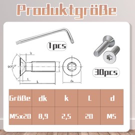 M5 x 20mm Countersunk Screws Stainless Steel A2 V2A - Pack of 30 Torx Screws with T25 Key, Corrosion Resistant, High Strength, Perfect for Industry & DIY