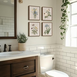 Framed Botanical Wall Art, 4 Piece Vintage Floral Canvas Painting Prints Artwork for Farmhouse Bathroom Wall Decor, Rustic Flower Butterfly Pictures for Bedroom Kitchen Hallway Home Decor, 8x10 Inch