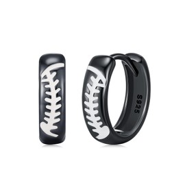 Baseball Earrings 925 Sterling Silver Small Black Sports Ball Shape Hoops Player Jewelry Gifts for Men Women Baseball Lovers