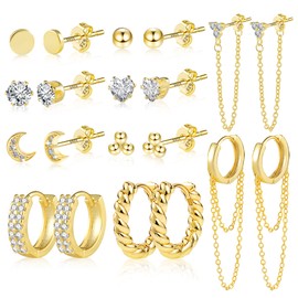 Gold Hoop Earrings Set, 9 Pairs of 14 Carat Real Gold-Plated Hoop Earrings, Gold, Small, for Women, Hypoallergenic Cartilage Huggie Hoop Earrings with AAA+ Zirconia Twist Heart Piercing Earrings Gold