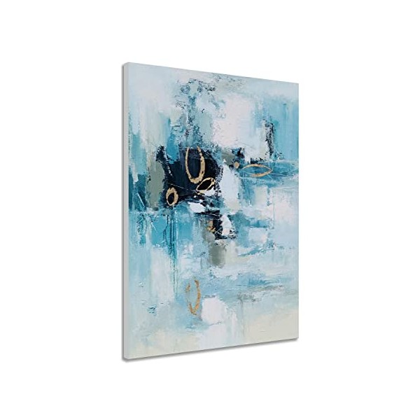 YHSKY ARTS Abstract Canvas Wall Art with Gold Foil - Hand Painted Teal Paintings - Vertical Artwork for Living Room Bedroom Bathroom Decor