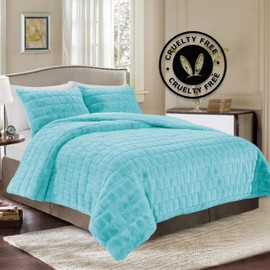 Elegant Comfort Luxurious Fluffy 3-Piece Faux Fur Comforter Set - All Season Warm Down Alternative - Ultra Soft, Plush Micro-Mink 3PC Bedding Set with Matching Shams, Twin XL, Aqua