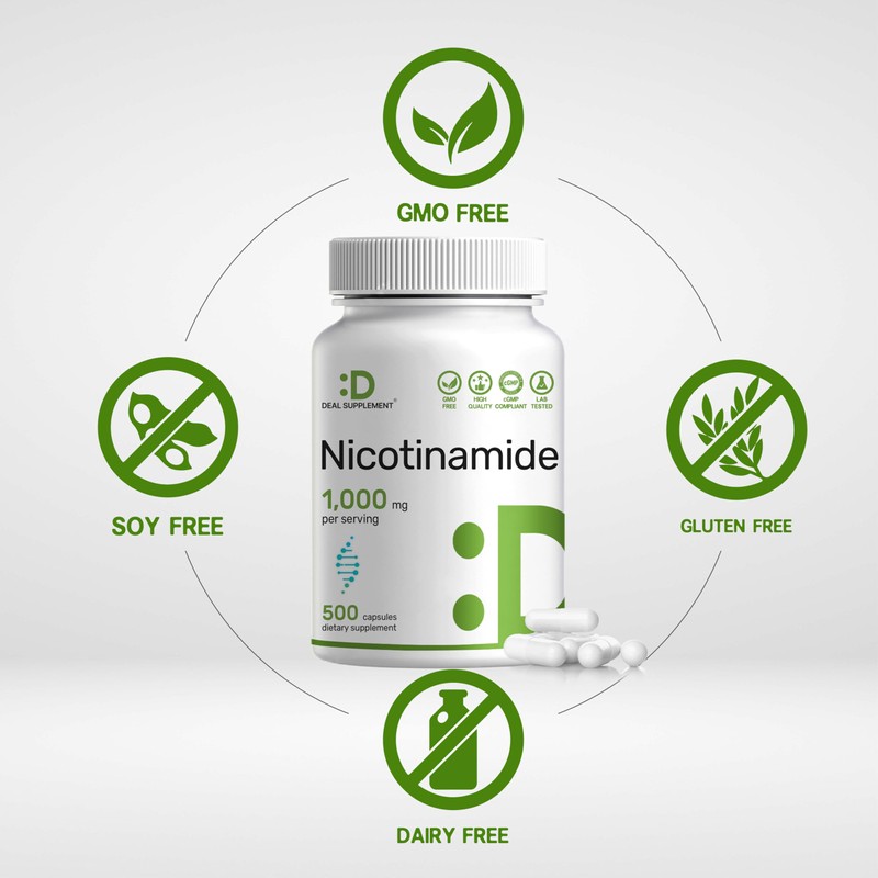 Vitamin B3 Nicotinamide 1,000mg Per Serving – 500 Capsules, Flush