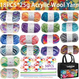 Crochet Yarn (18X25g, 4-Ply), Multicoloured Acrylic Wool Double Knitting Wool, Crochet Wool with Carry Bag, Aluminum Crochet Hooks Stitch Markers, Ombre Color Yarn for DIY Craft Blankets Socks Dolls