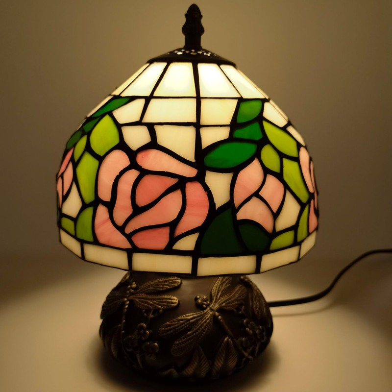 Ppbmocw Pink Rose Tiffany Lamp, 8 Inch Small Stained Glass