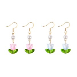 DLYFNVEV Spring Summer Earrings Pink Blue Flower Dangle Cute Tulip Leaf Earrings Set Floral Cottagecore Beaded Earrings Stack Women Dangling Trendy Boho 14K Gold Plated Earrings Pink Blue