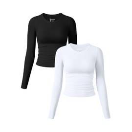 OQQ Womens 2 Piece Shirts Long Sleeve Crew Neck Ruched Stretch Basic Fitted Tee Shirts Tops Black White