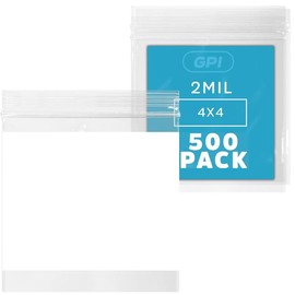 GPI 500 Count 4" x 4" CLEAR PLASTIC RECLOSABLE ZIP BAGS - Bulk 2 mil Thick Strong & Durable Poly Baggies With Resealable Zipper Top Lock & write-on white block, for storage, packaging & shipping