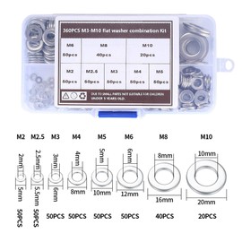 360pcs Flat Washers Flat Washers Gasket Fasteners Round Metal Washers Spacers for Screws Bolt Washers Spacers M2 M2.5 M3 M4 M5 M6 M8 M10