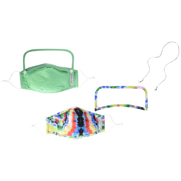 Travelers Club Standard 2 Piece Face Mask with Detachable Shield Set and Lanyard, Green Mix Patterns, Clear Window