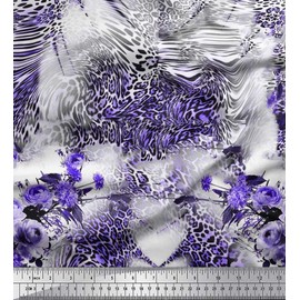 Soimoi Purple Moss Georgette Fabric Rose,Floral & Leopard Animal Skin Print Sewing Fabric BTY 42 Inch Wide
