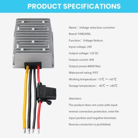 YABOANG DC-DC converter, voltage converter 24V to 12V 40A 480W MAX with waterproof fuse and terminal strip, automatic step-down voltage regulator, for car engines and instruments etc.
