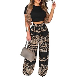 BFFBABY 2 Piece Outfits for Women Short Sleeve Crop Top High Waist Wide Leg Long Pant Sets Tracksuit Sport Set X-Large