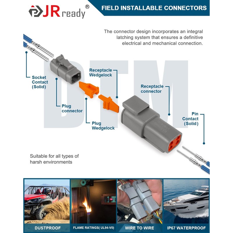 JRready Deutsch DTM 4 Pin Connectors 4 Kits, Waterproof Electrical
