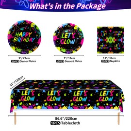 61 Pieces Glow Neon Party Supplies - Glow in the Dark Birthday Plates, Fluorescence Napkins, Neon Tablecloth for Blacklight Neon Party Decorations, Serve 20 Guests