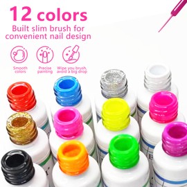 eodci Nail Art Gel Liner Set, 12 Colors Black White Hot Pink Yellow Green Glitter Fall Winter Gel Polish for Swirl French Tip Painting Designs Soak Off Built Thin Brush DIY Nail Design Kit