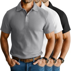 Neer 3 Pack Men's Waffle Henley Button Collared T-Shirts, Short Sleeve Lapel V Neck Side Split Classic Summer Basic Tees(Light Gray, White, Black,Large)