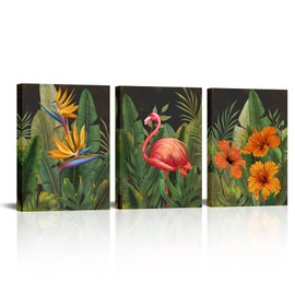 OuElegent 3 Piece Flamingo Canvas Wall Art Tropical Birds of Paradise Hibiscus Painting Pictures Green Palm Leaves Prints Hawaii Artwork for Living Room Bedroom Wall Decor Ready to Hang