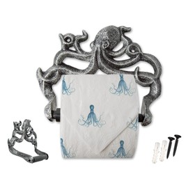 Decorative Cast Iron Octopus Toilet Paper Holder – Wall Mounted Nautical Bathroom Accessory – Kraken Design with Screws and Anchors – Silver & Black
