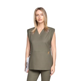 LAMBDA ACADIA Fiona Drop Shoulder Scrub Top for Women – 2 Hoodie-Style Pockets, High Stretch, Easy Care, Adjustable Fit (US, Alpha, Small, Walnut)