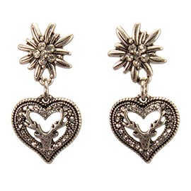 Alpenflüstern DOR051 Costume Stud Earrings Rhinestone Edelweiss Rhinestone Heart Deer Women's Costume Jewellery (Antique Silver-Colour), Zinc