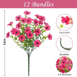 Artificial Flowers for Outdoors, 12 Bundles Faux Plants Outdoor, UV Resistant Artificial Plants Outdoor, Silk Fake Artificial Flowers for Outside Home Decor Planter Porch Decoration, Rose Red