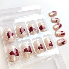 Red Glitter Love Heart Press on Nails Short Square Valentines Day Fake Nails with Silver Glitter Gradient French Design Love False Nails Heart Glue on Nails Artificial Stick on Nails for Women Girls