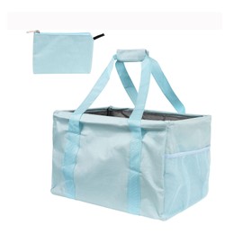Extra Large Utility Tote Bag - Oversized Collapsible Tote with Wire Frame, Durable Reusable for Beach, Groceries, Laundry, Car Trunk, Storage and Travel - Includes 5x7 Bag with Hook - Light Blue