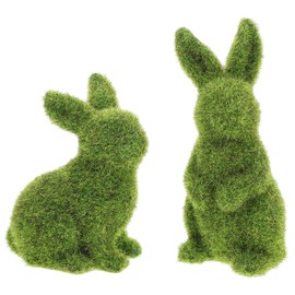 DEARMAMY 2Pcs Easter Faux Moss Bunnies: Furry Grass Flocked Rabbit Figurines for Garden Home Baskets Table Yard Shelf Decor (Green)