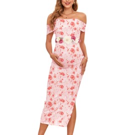 AISWI Maternity Mesh Split Dress Off The Shoulder Ruched Bodycon Pregnancy Dresses Baby Shower Photoshoot, Without Belt, Floral2: Pink Rose, Small