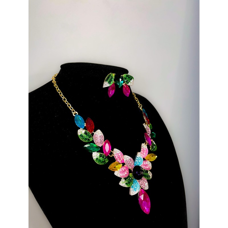 MMonesu Women Jewelry Set Rhinestone Colorful Crystal leaf shape Statement
