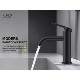 KENES Bathroom Faucet Black, Single Handle Matte Black Bathroom Sink Faucet Stainless Steel Single Hole Modern Washroom Vanity Faucet Supply Lines Included, KE-9015-2