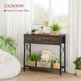 Tajsoon Console Table with 2 Fabric Drawers, 2-Tier Industrial Entryway Table with Storage Shelves, 31.5'' Narrow Sofa Table, Display Shelf for Entryway, Hallway, Living Room, Foyer, Greige
