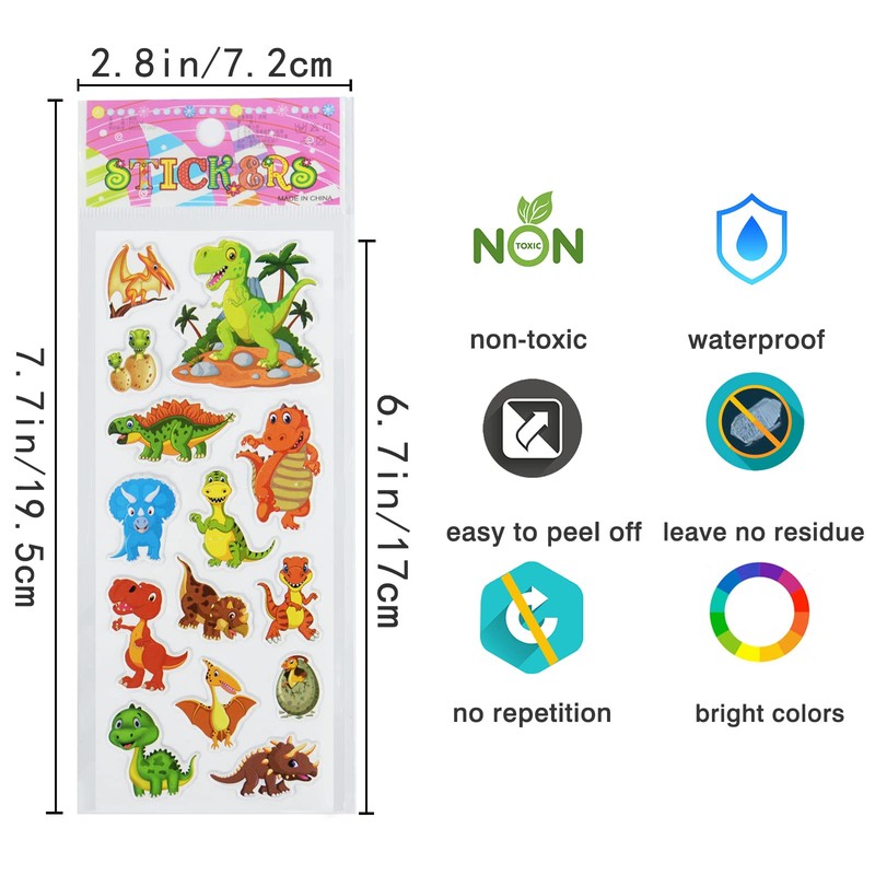 24 Sheets(400+) Dinosaur 3D Puffy Stickers for Toddlers Kids, Bulk